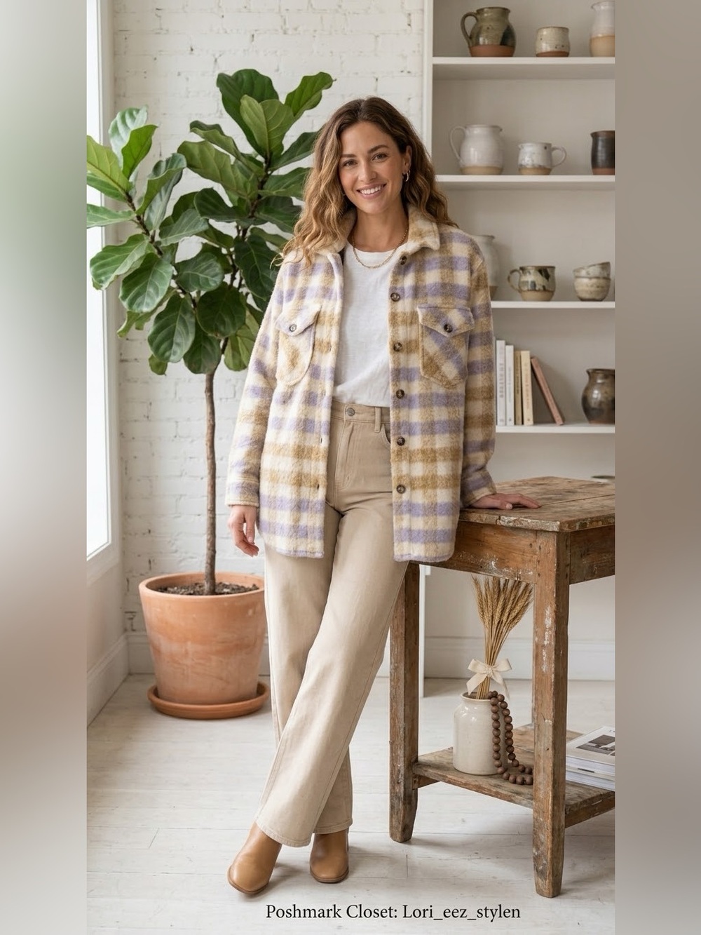 Plaid Utility Shacket in Lavender and Beige - Women's Cozy Jacket